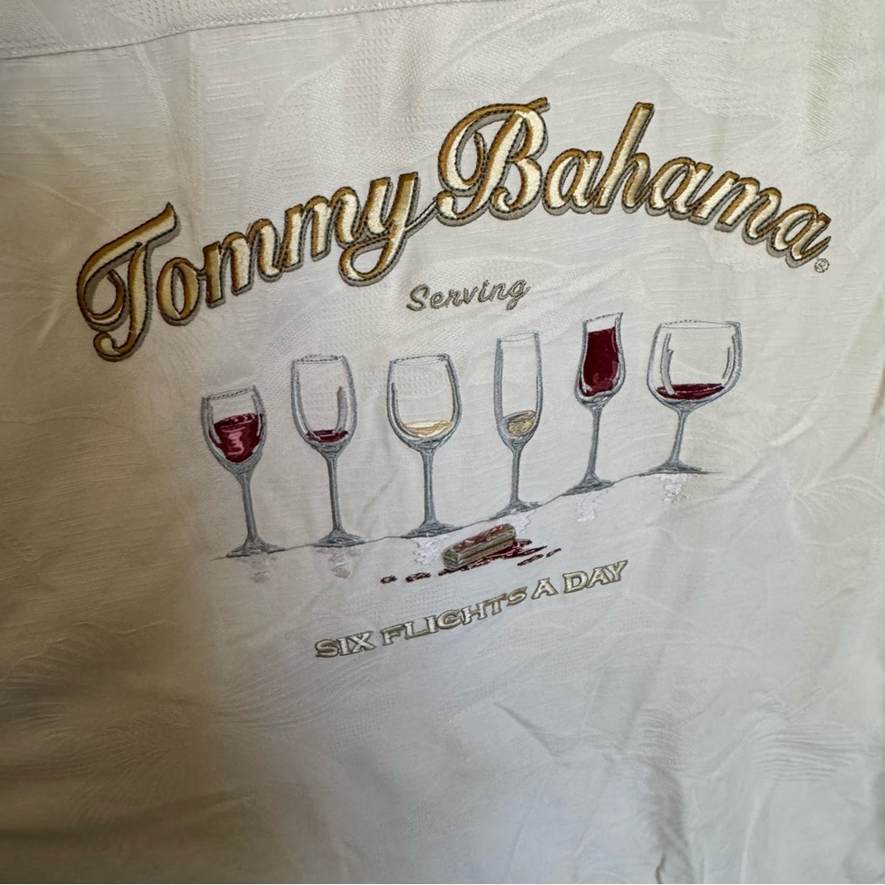 Tommy Bahama White Shirt with Gold Script and Wine Glass Embroidery